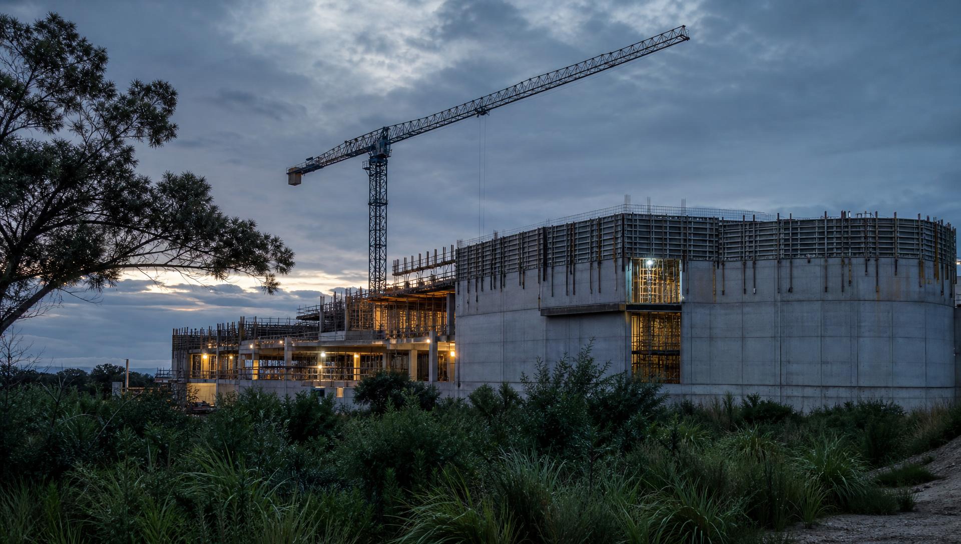 Canteiro de obras em estrutura de concreto ao anoitecer, cercado por vegetação