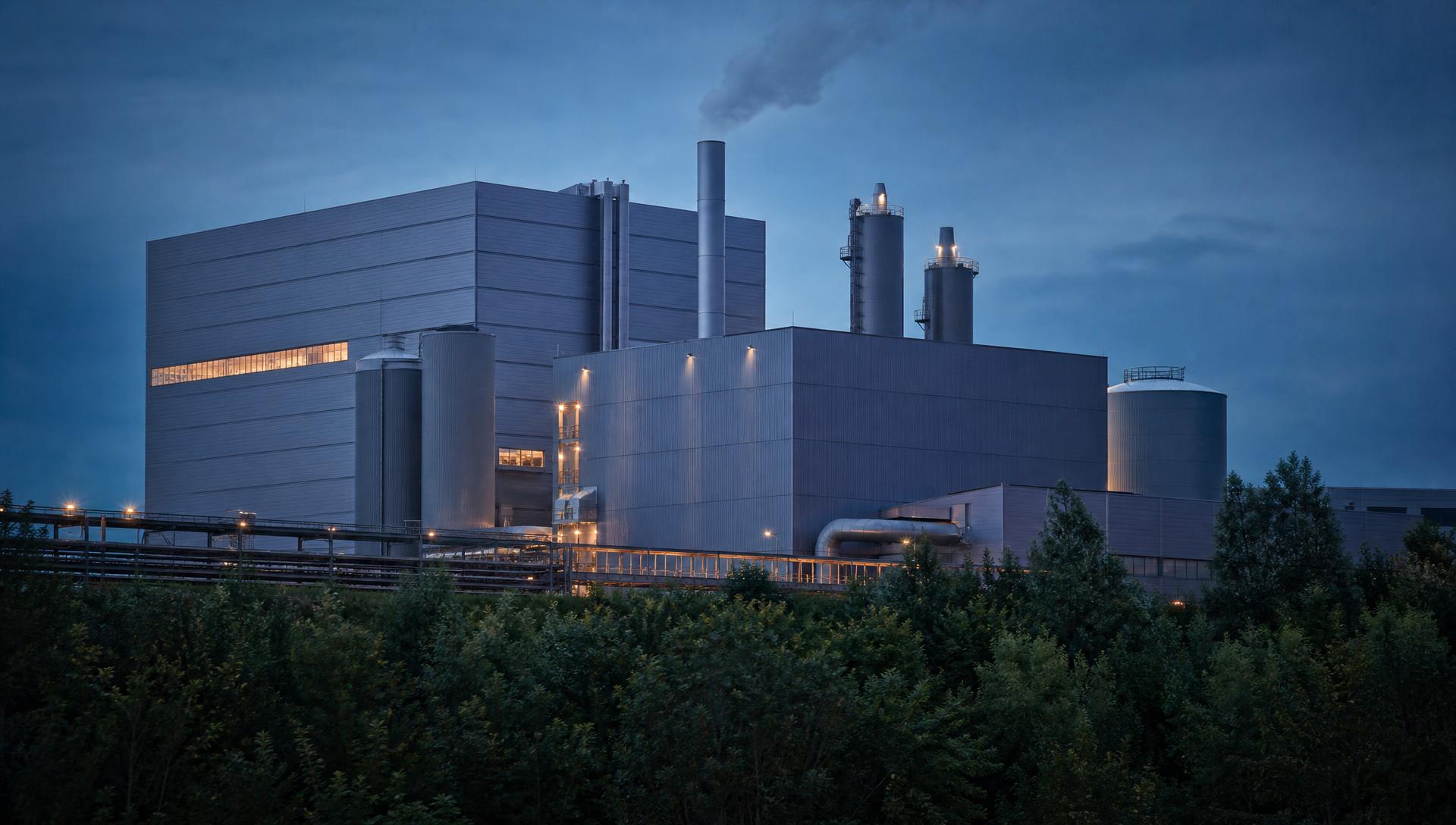 Planta industrial ao entardecer, com chaminés e tubulações acima da linha de árvores