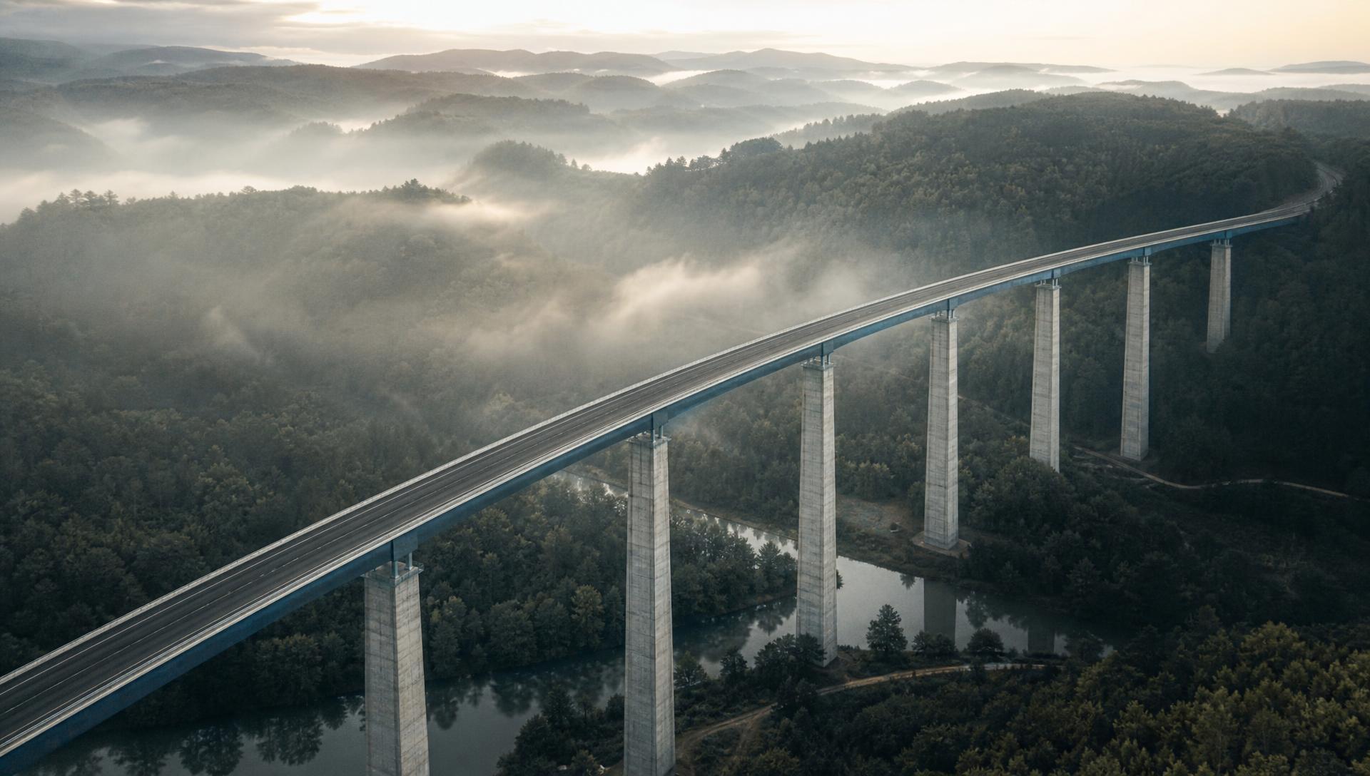 Viaduto rodoviário atravessando vale de mata nativa em luz de fim de tarde